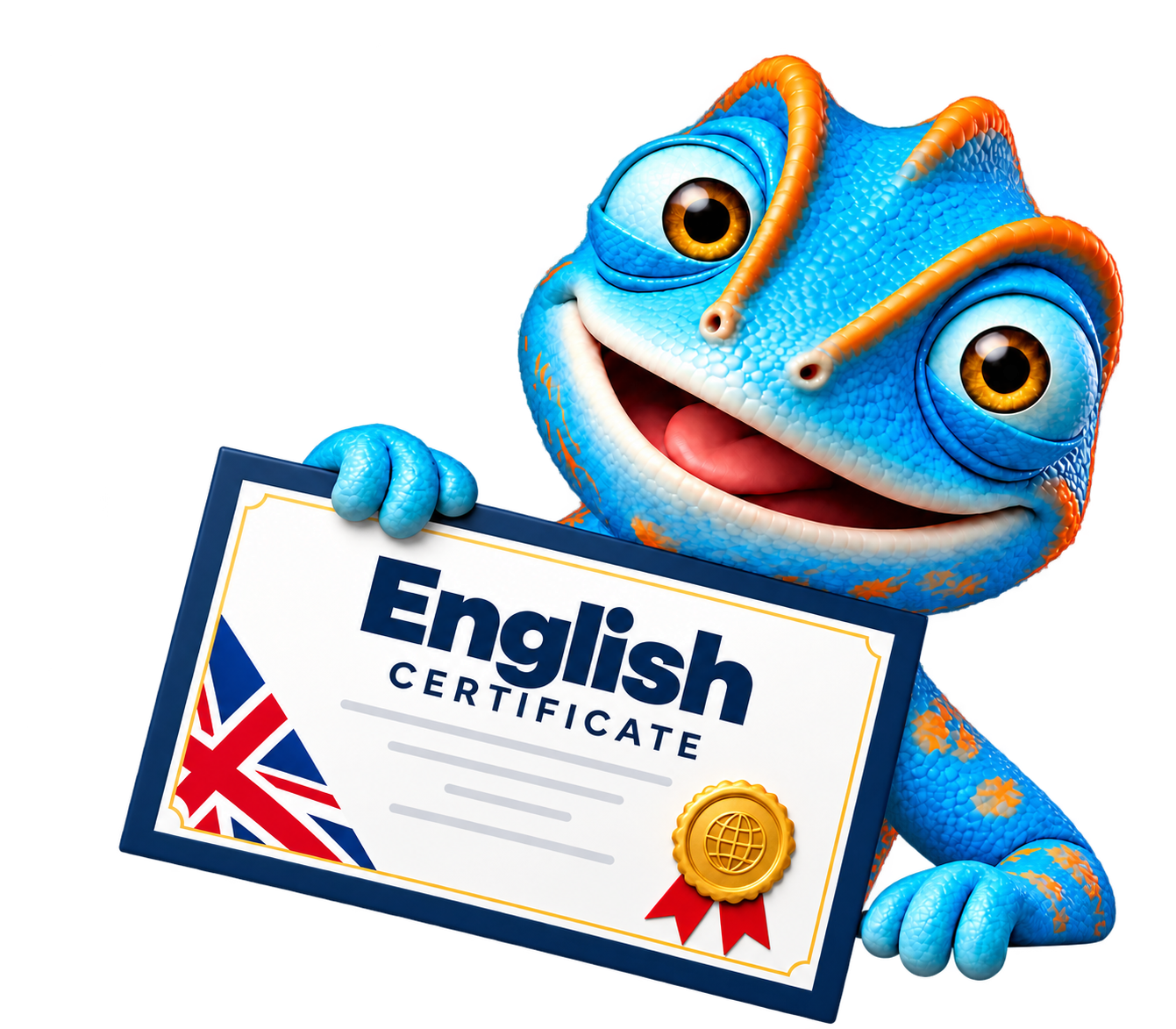 Camaleão da Change Skills apresentando um certificado de inglês